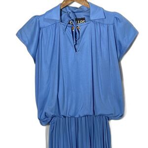 Vintage 70s STELLAS Dress Midi Square Neck Keyhole Flutter Sleeve Womens 3 Blue